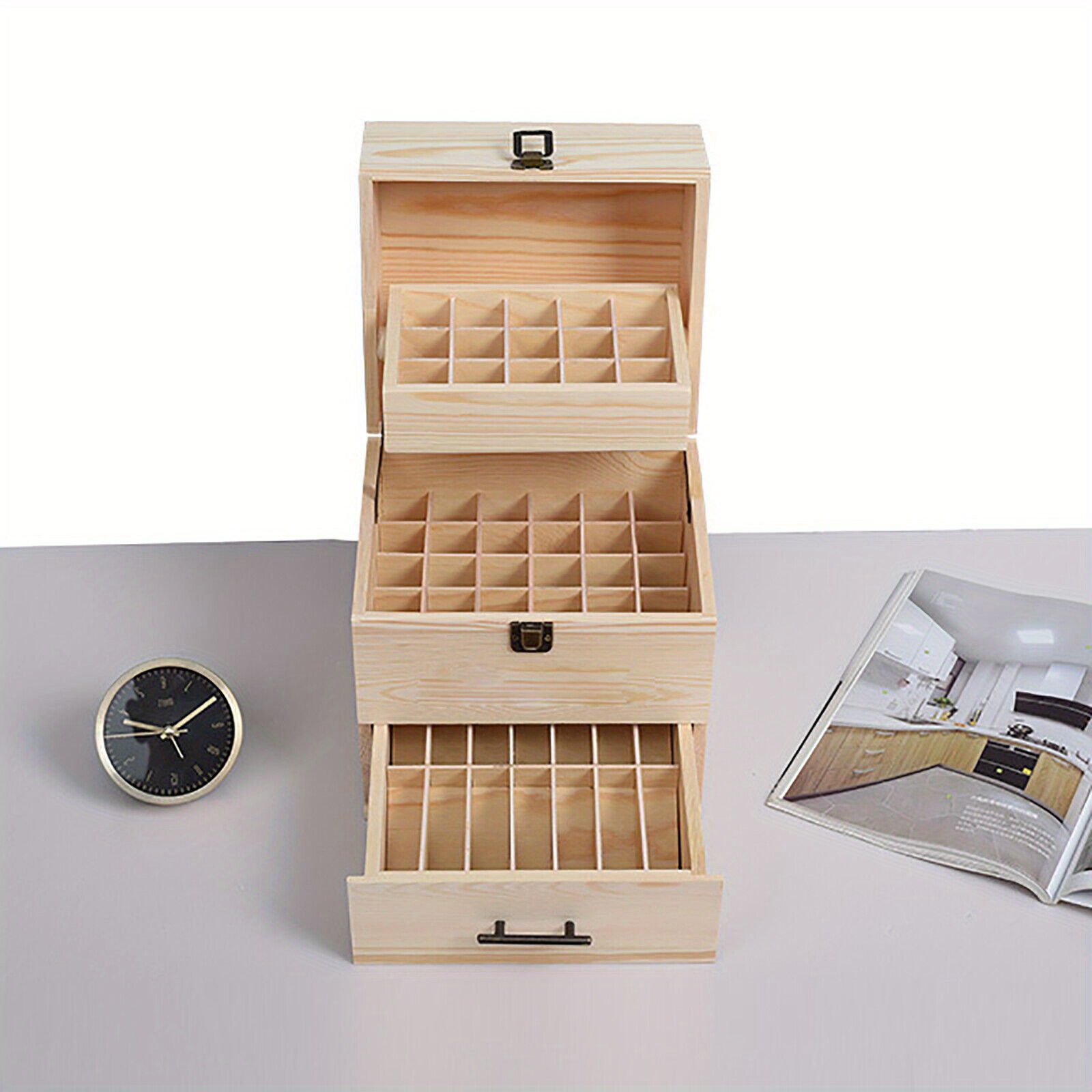 

59 Bottles Storage Oil Wood Case Organizer Holds 3 Tiers Portable 21. 5x18. 3x23. 7cm