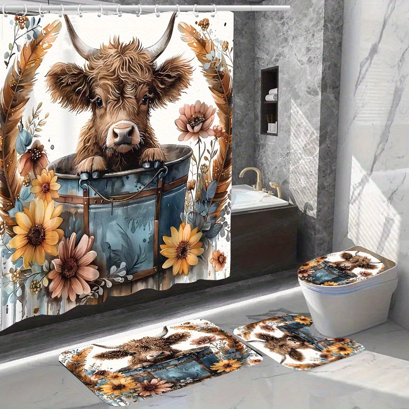 

Highland Cow Shower Curtain Set With Hooks And Anti-slip Bath Mats, Woven Water-resistant Polyester Bathroom Decor, Fashion-themed With Floral Pattern, Hook Accessory Included (1 Curtain, 3 Mats)