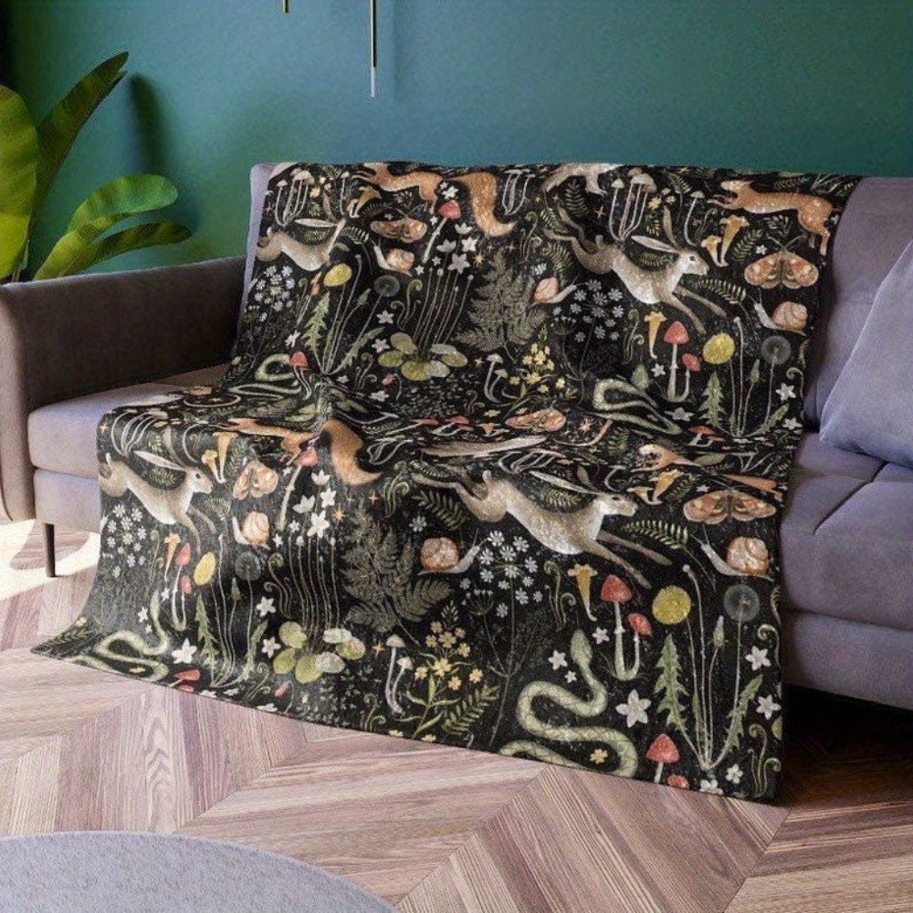 

Dark Woodland Animal Blanket - Soft Minky Black Throw Blanket, Mushroom Forest Blanket For Kids Adults