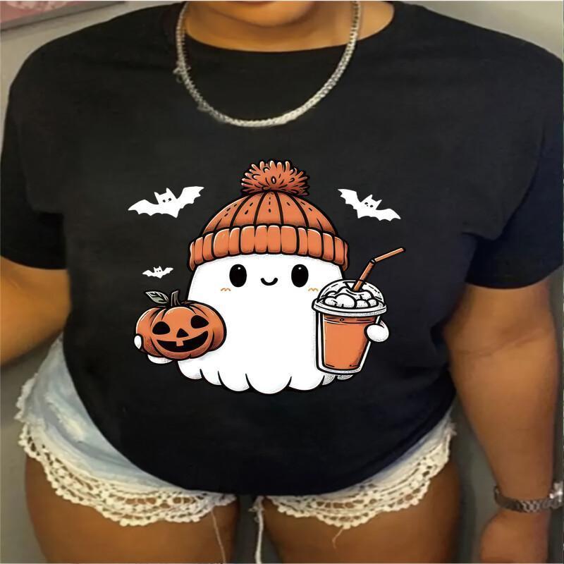 

T-shirt de à Halloween taille plus - Tissu polyester tricoté, élasticité moyenne, col rond, manches courtes, détail appliqué, haut de mode noir pour femmes, style printemps et été