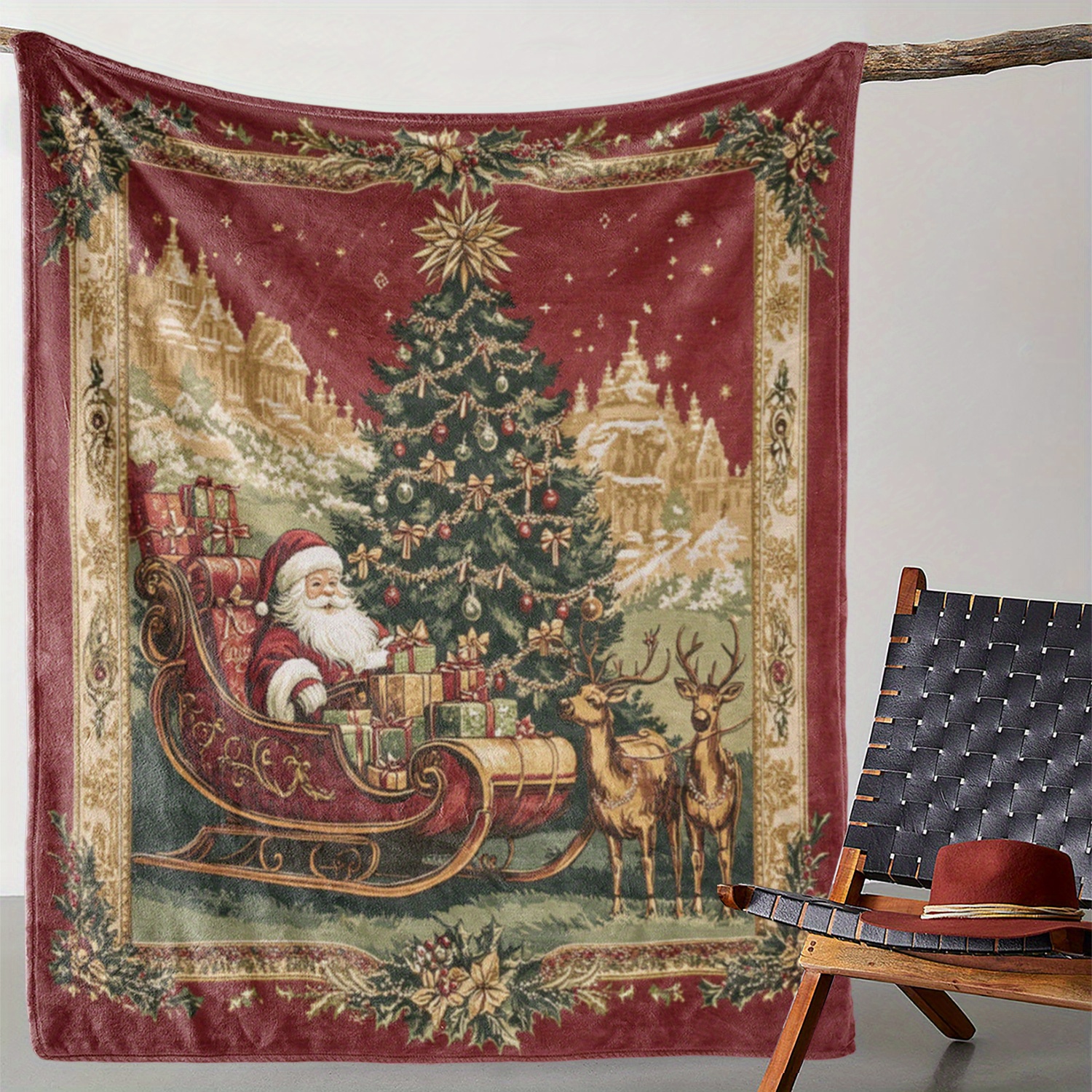 

Vintage Christmas Throw Blanket With Santa, Reindeer And Tree Print - Soft Flannel Fleece, Comfort For Couch, Bed, Office, Travel, Gift - Digital Printing, Knitted, 59x78.7 Inches