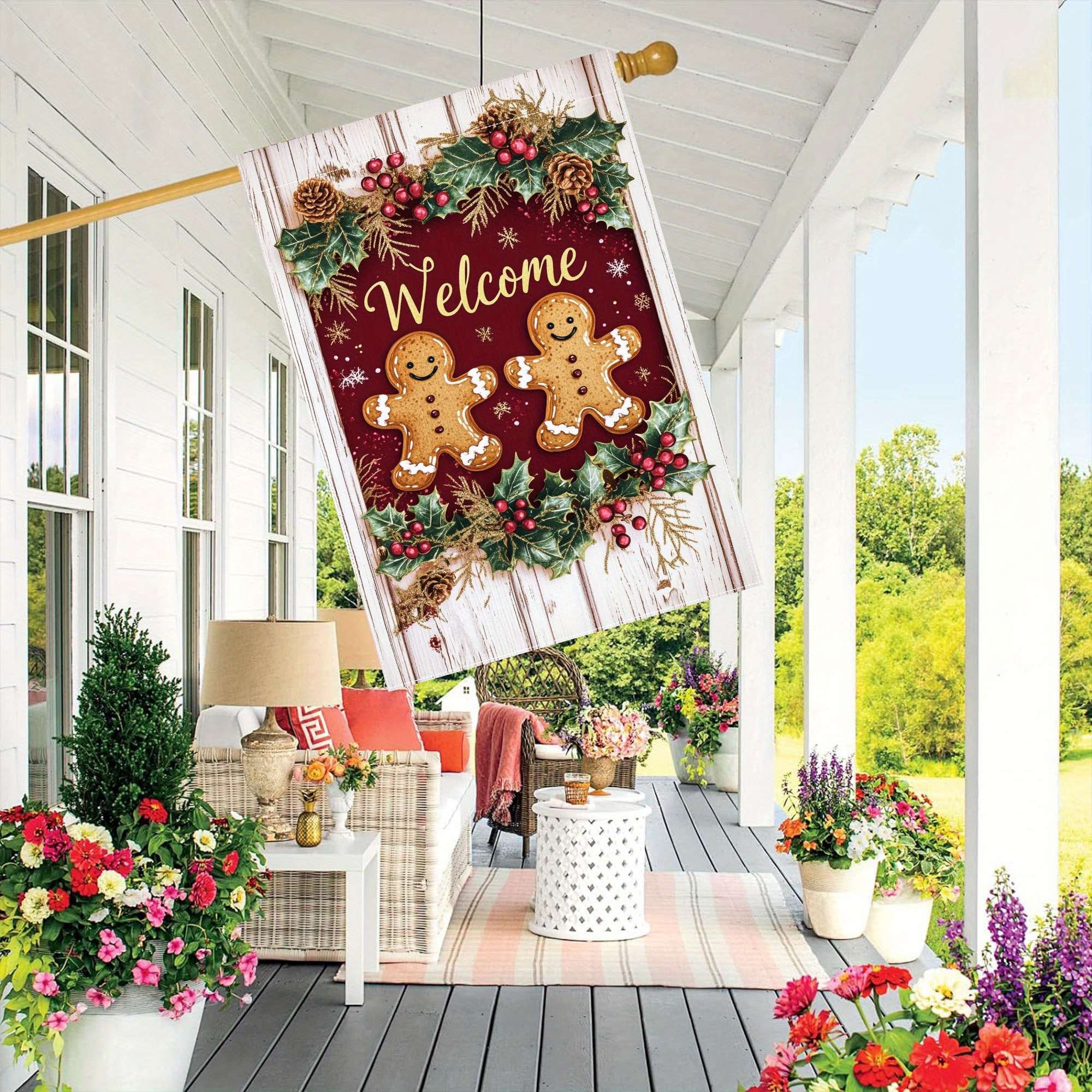 

1pc Polyester Welcome Gingerbread Couple Decorative Flag 28x40in, Double-sided Christmas Holiday Garden Flag, Weather-resistant Outdoor Lawn And Patio Decoration Without Electricity