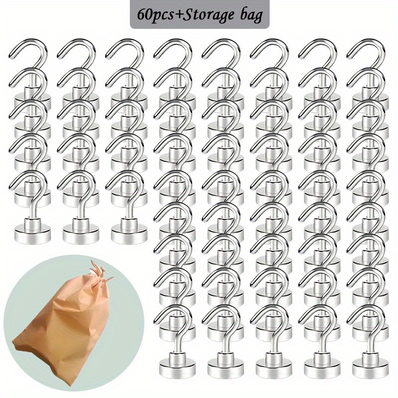 

60pcs Heavy-duty Neodymium Magnetic Hooks With Storage Bag - , Non-slip & Corrosion-resistant For Cruise Ships, Fridges, Home, Kitchen, Garage, Bbq, Office, Whiteboards & Industrial Use