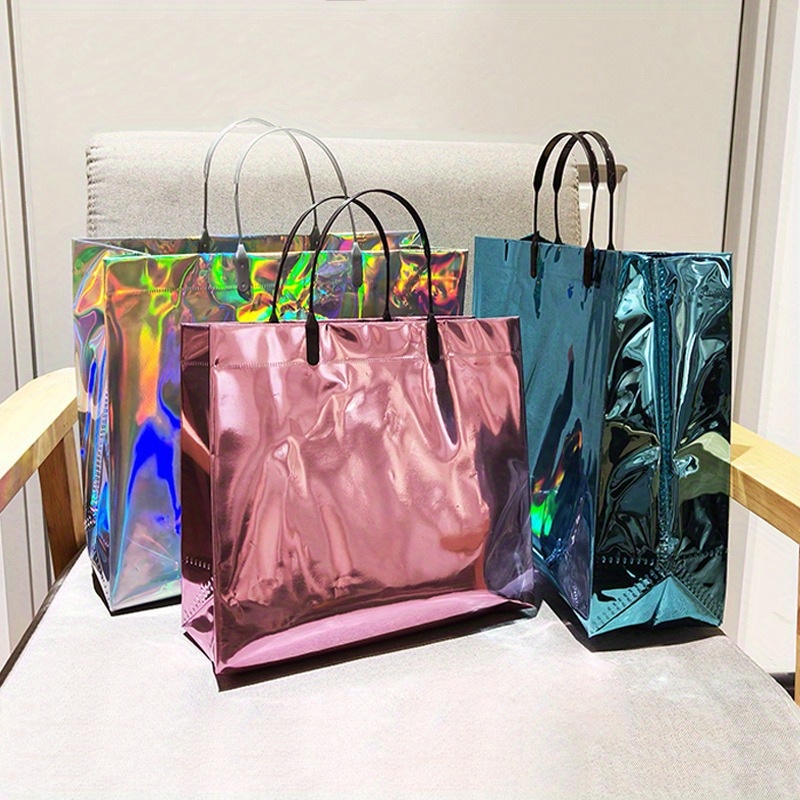 

Fashion Laser Pvc Tote Bag Set, Large Capacity Plastic Gift Bags, Reusable Shopping Party Wedding Birthday Packs With Secure Closure – Multipack