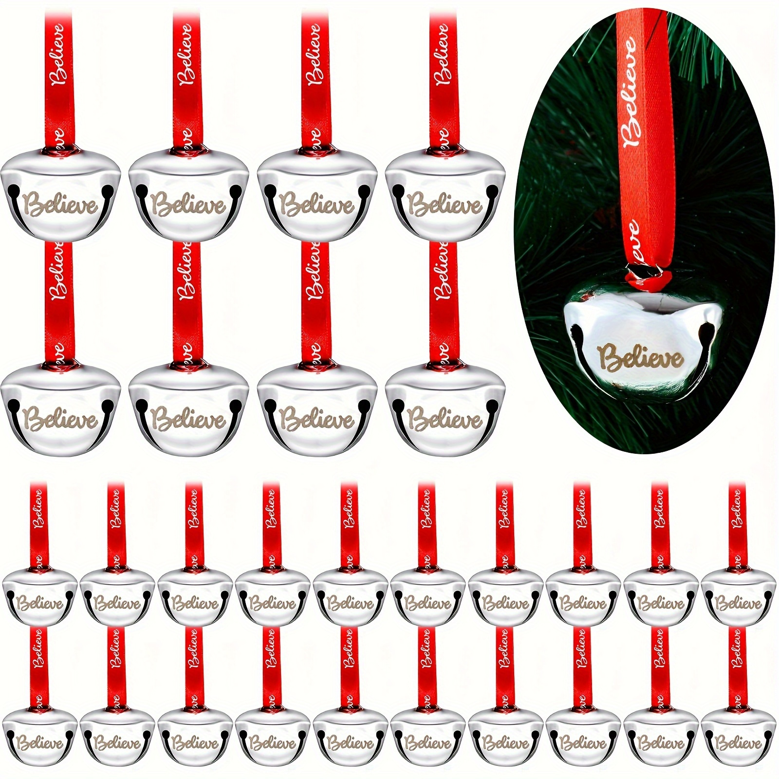 

10-pack Christmas '' Bell Ornaments With Red Hanging Ribbons - Metal Jingle Sleigh Bells For , Wedding, And Festive Party Decorations