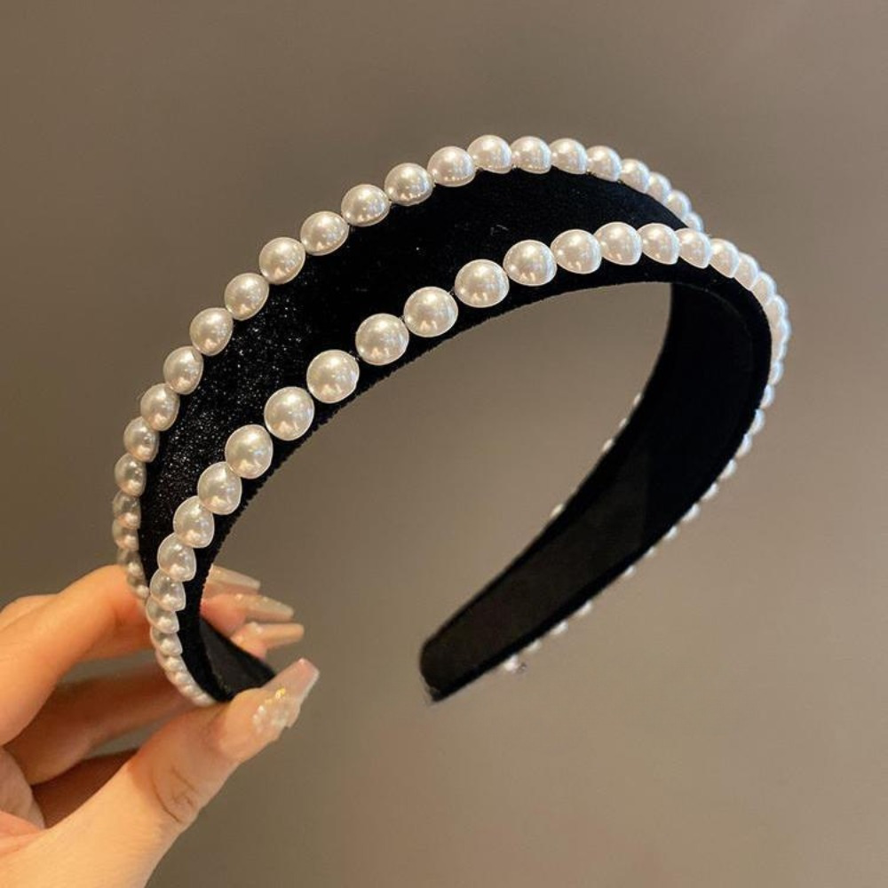 

Vintage Elegant Headband With Imitation Pearls - Non-slip Cotton Blend Hairband, Classic Solid Color Dress-up Accessory With Teeth, Elegant Hairpin For Adults - Single Pack