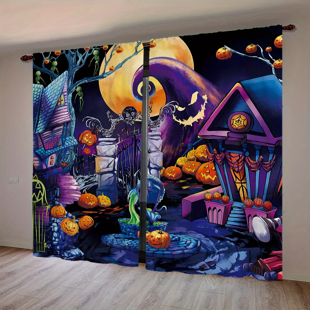 

2pcs Halloween Monster Town Polyester Curtains - Machine Washable, Living Room, Bedroom, Kitchen, And Office Decor