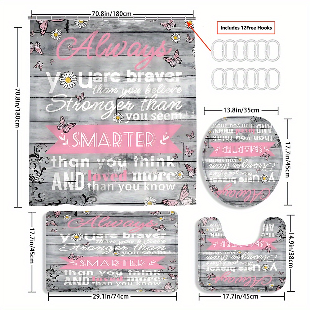 TEMU 4pcs Quote Shower Curtain Decoration, Beautiful Housewarming Gift Decoration, Shower Curtain And Toilet Floor Mat Three-piece Set Comes With 12 Shower Curtain Hooks
