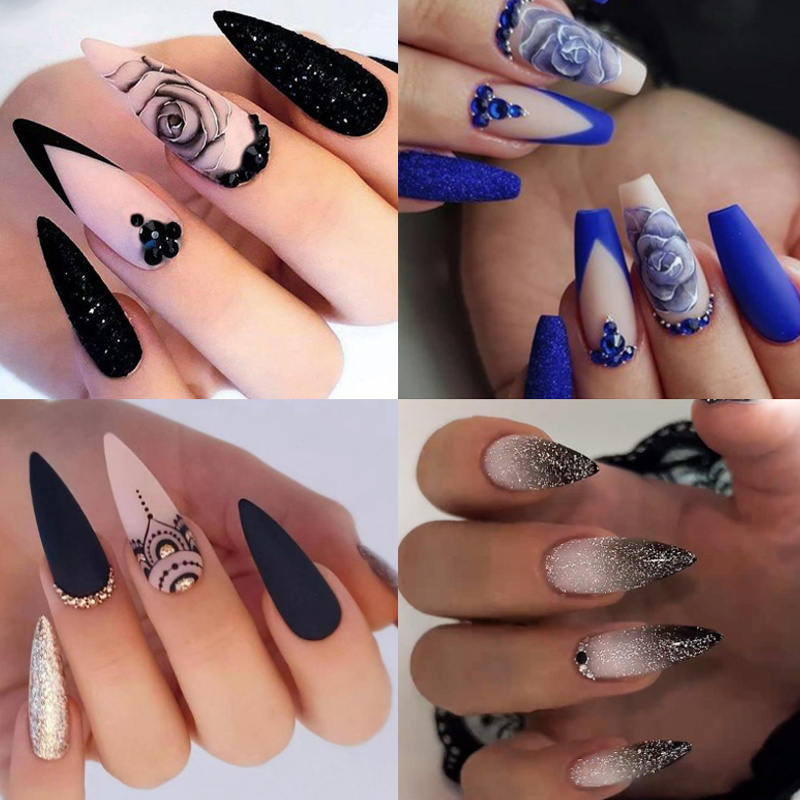 

4 Packs (96 Pcs) Autumn And On Nails, Mixed Blue Brown Black Rhinestone Flower Gradient Fake Nails With Golden Glitter Design, Medium Almond Glueon Nails Set With Adhesive Tabs Nail File For Women