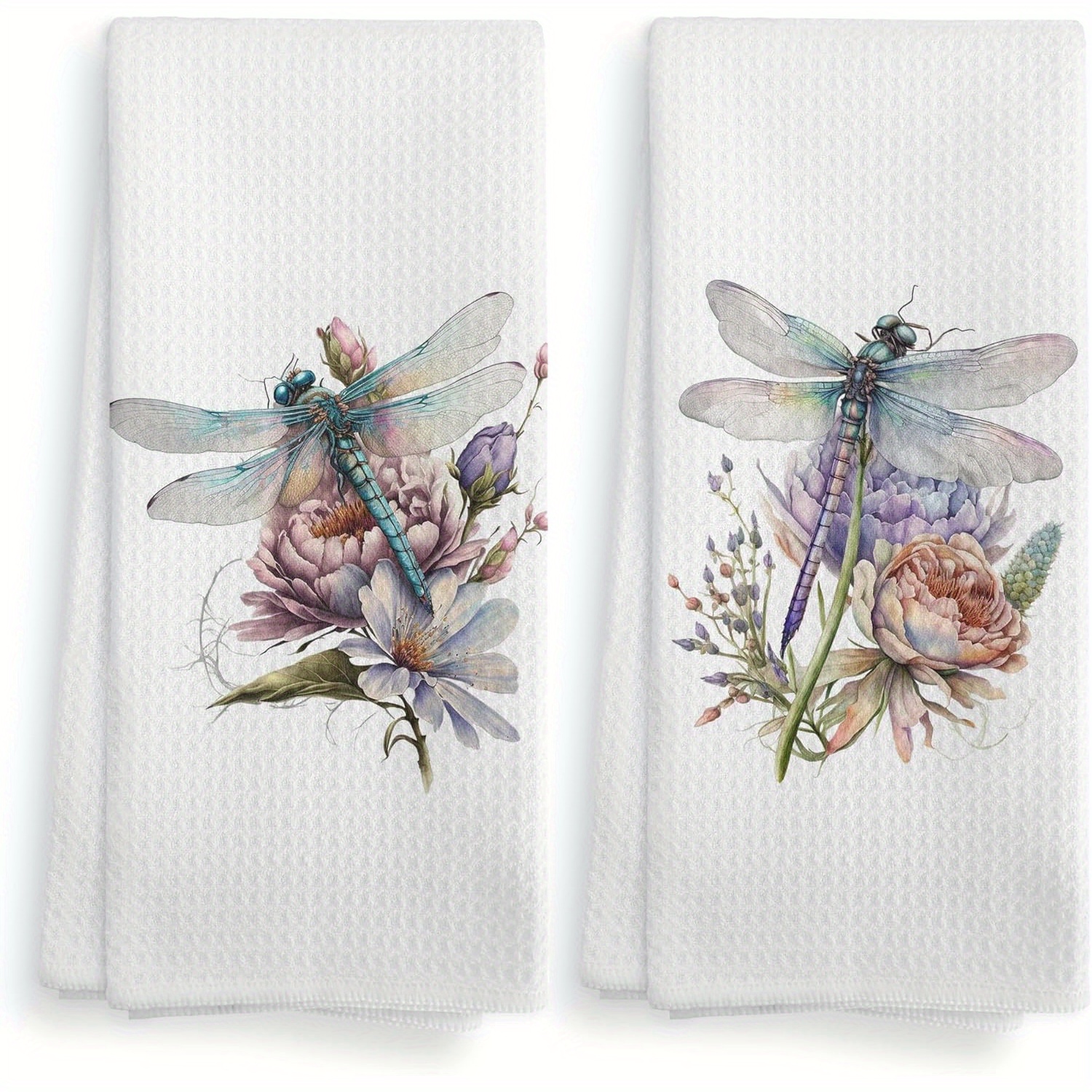 

Watercolor Dragonfly Kitchen Towel And Dish Cloth Set Of 2, Insect Decorative Kitchen Towel, Flower Hand Towel, Wildflower Dry Cloth Hand Towel For Bathroom Kitchen, 18*26 Inches