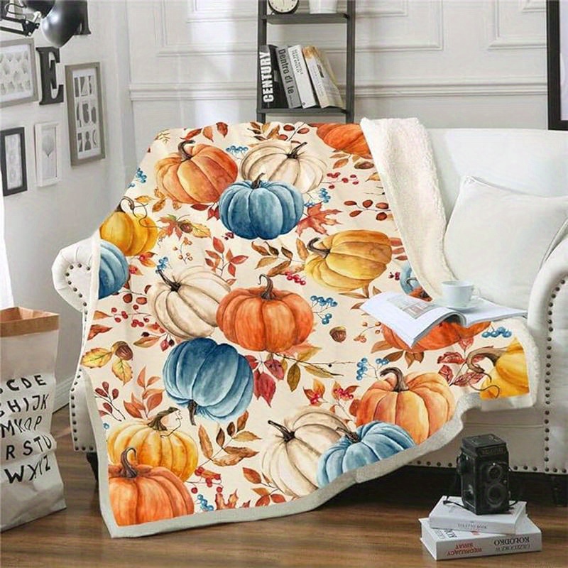 

Fall Pumpkins Throw Blanket, White Blue Pumpkins Leaves And Berries Soft Warm Fleece Blanket For Living Room Couch Bed Chair Or Dorm,