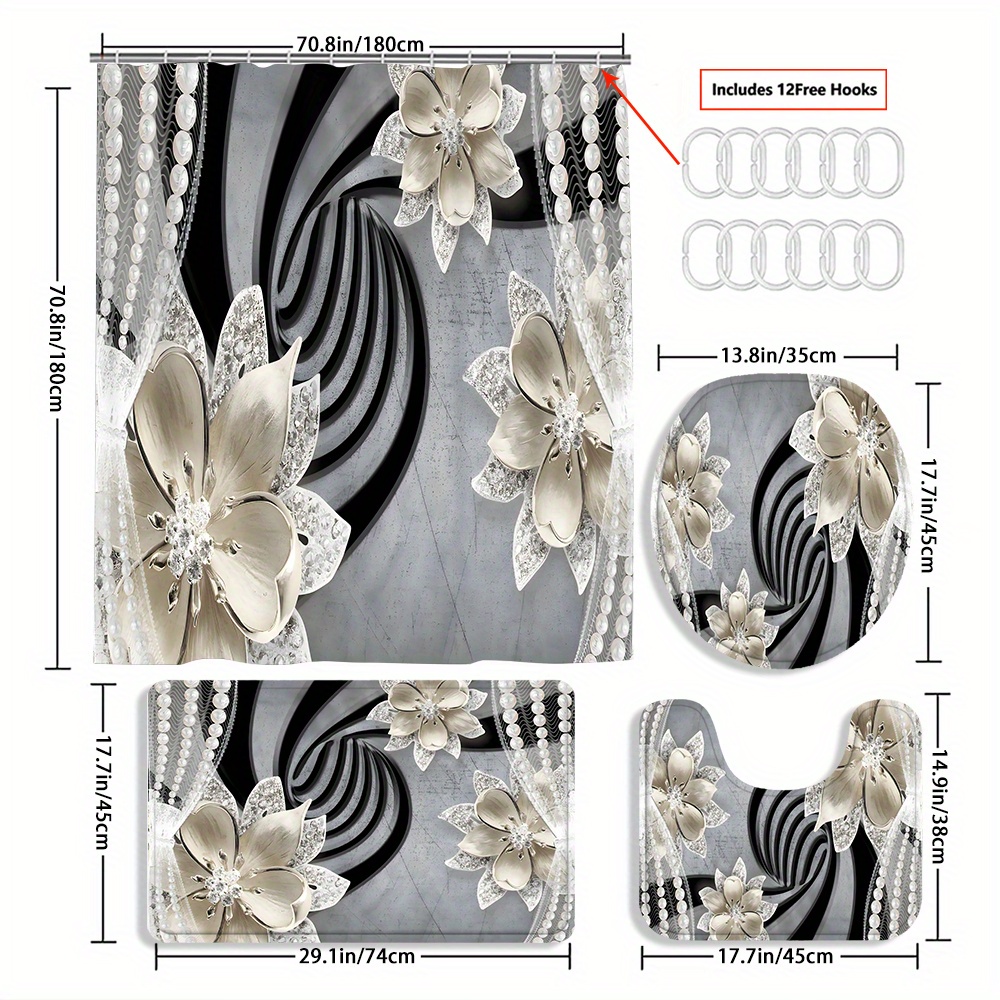 TEMU 4pcs Diamond Curtain Decoration, Beautiful Housewarming Gift Decoration, Waterproof Shower Curtain And Toilet Floor Mat -piece Set Comes With 12 Shower Curtain Hooks