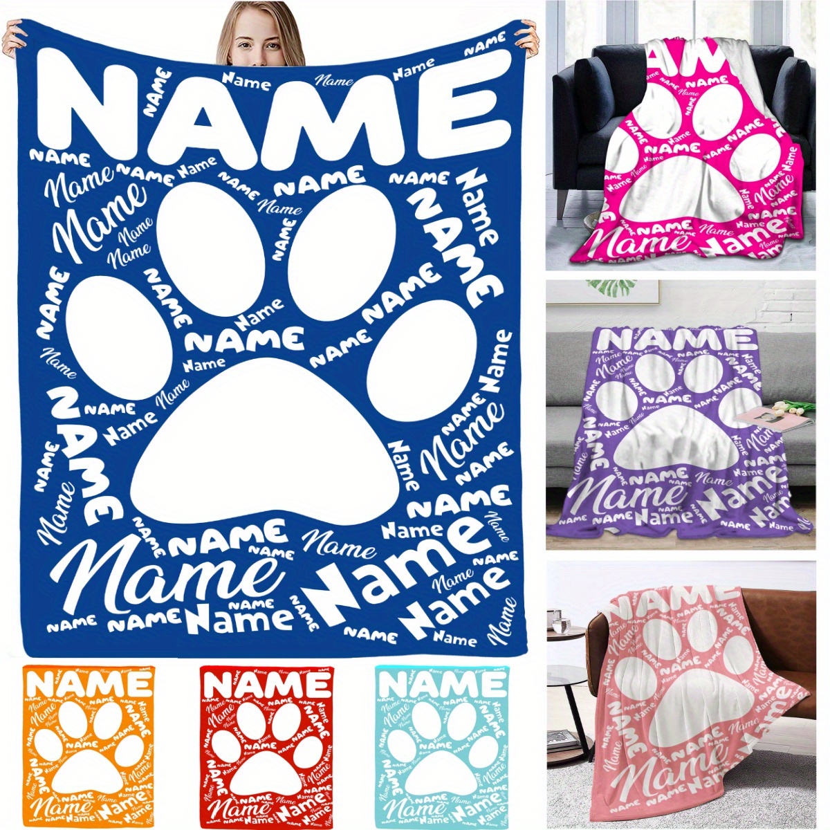 

Personalized Dog Paw Print Flannel Blanket - Custom Name, For Couch, Bed, Office - Perfect Gift For Pet Owners, Family & Friends