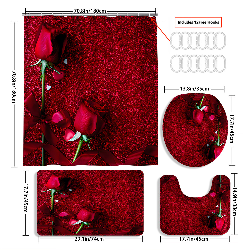 TEMU 4pcs 2 Red Roses Curtain Shower Curtain Decoration, Beautiful Housewarming Gift Decoration, Waterproof Shower Curtain And Toilet Floor Mat Three-piece Set Comes With 12 Shower Curtain Hooks