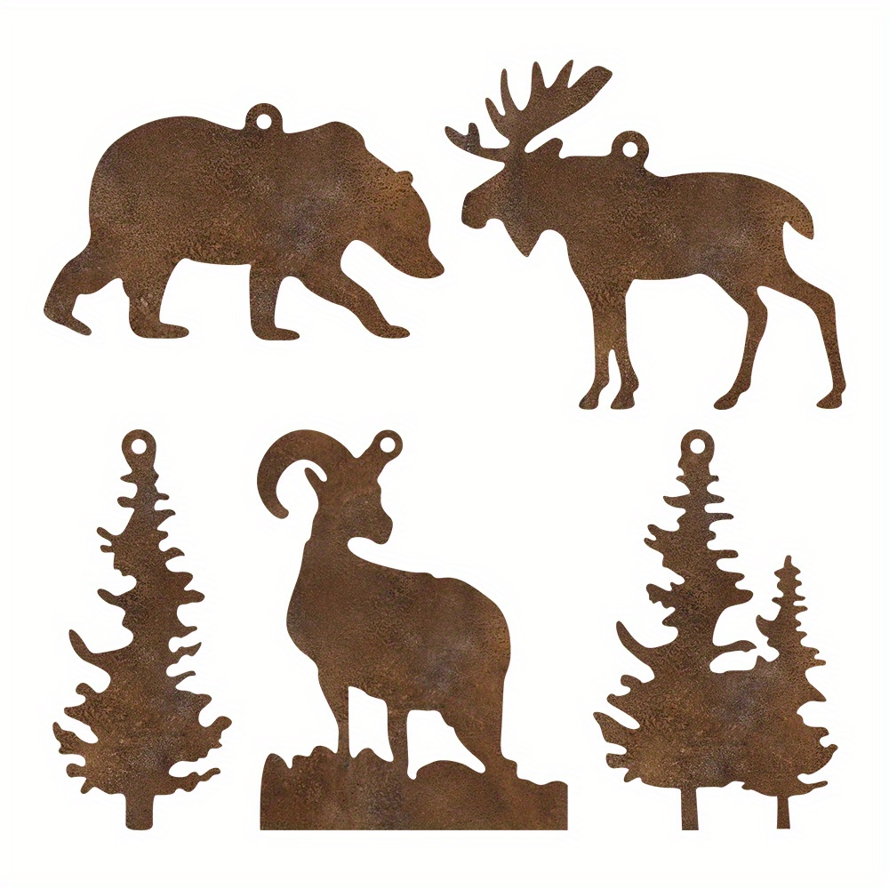 TEMU 5pcs Rustic Vintage Metal Christmas Tree Ornament Set With Moose, Bear, Deer Antlers & Tree Topper - Heavy-durable Cast Iron Wildlifedecorations