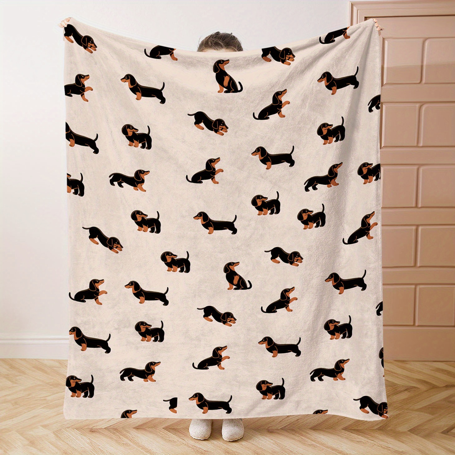 

Mid-century Style Dachshund Print Flannel Throw Blanket - Soft Knitted Polyester, Cozy Blanket For Bed, Sofa, Office, Camping - 1pc Seamless Pattern Mixed Color