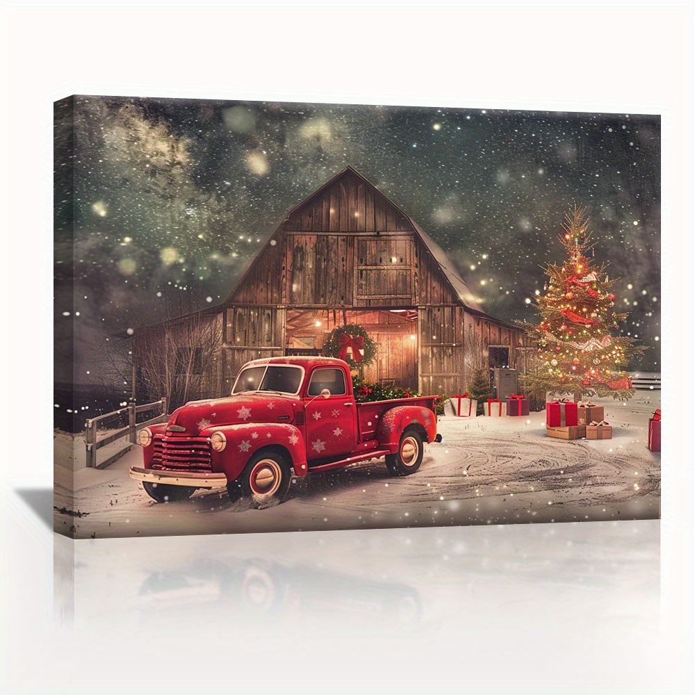 

Rustic Barn& Vintage Red Truck With Christmas Decorations, Wall Art For Thanksgiving, Christmas, , Mardi Gras& Easter- Home& Office Decor Gift (wrapped Canvas)