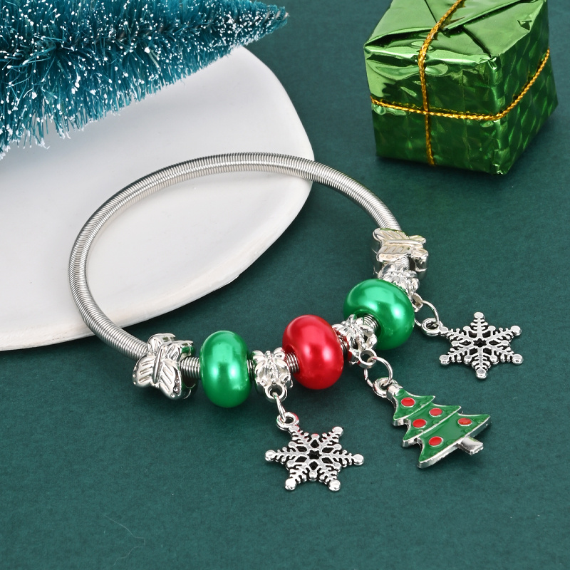 

Christmas Charm Bracelet For Women - Boho Style Alloy Bangle With Resin Beads, No Plating - Elastic Friendship Wristband With Snowflake And Tree Pendants - Holiday Party Jewelry Gift