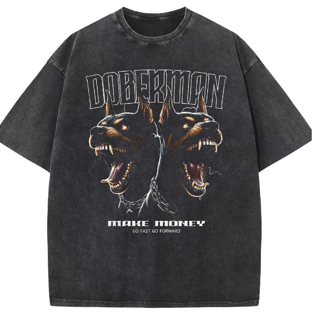 

Doberman Dogs Aggressive Text Chain, Men's Vintage Short Sleeve Crew Neck Comfortable Pure Cotton Top Versatile Tee