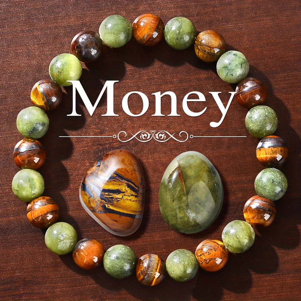 Image of 3pcs Fashionable Retro Money Bracelets And Stone Ornaments, Wealth Bracelets - Tiger Eye Stone, Wealth, Suitable For Daily Wear