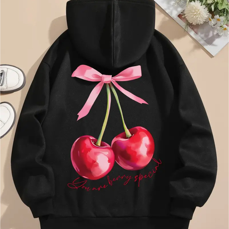 

Bow & Cherry Print Drawstring Hoodie, Casual Long Sleeve Kangaroo Pocket Sweatshirt For Fall & Winter, Women's Clothing