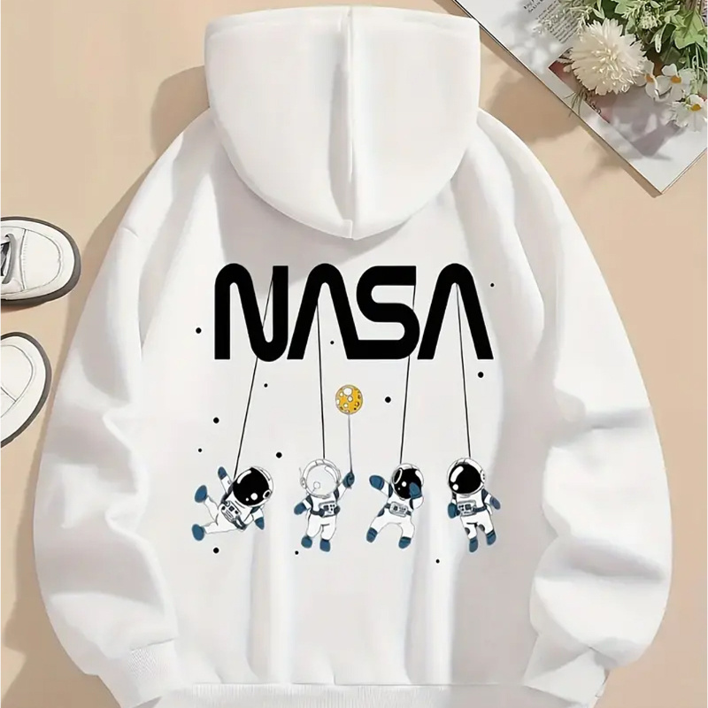 

Nasa Graphic Print Casual Pullover Hoodie - 100% Polyester Knit Fabric, Fall/winter Women's Hooded Sweatshirt With Drawstring, Alphabet & Cartoon Pattern Design,