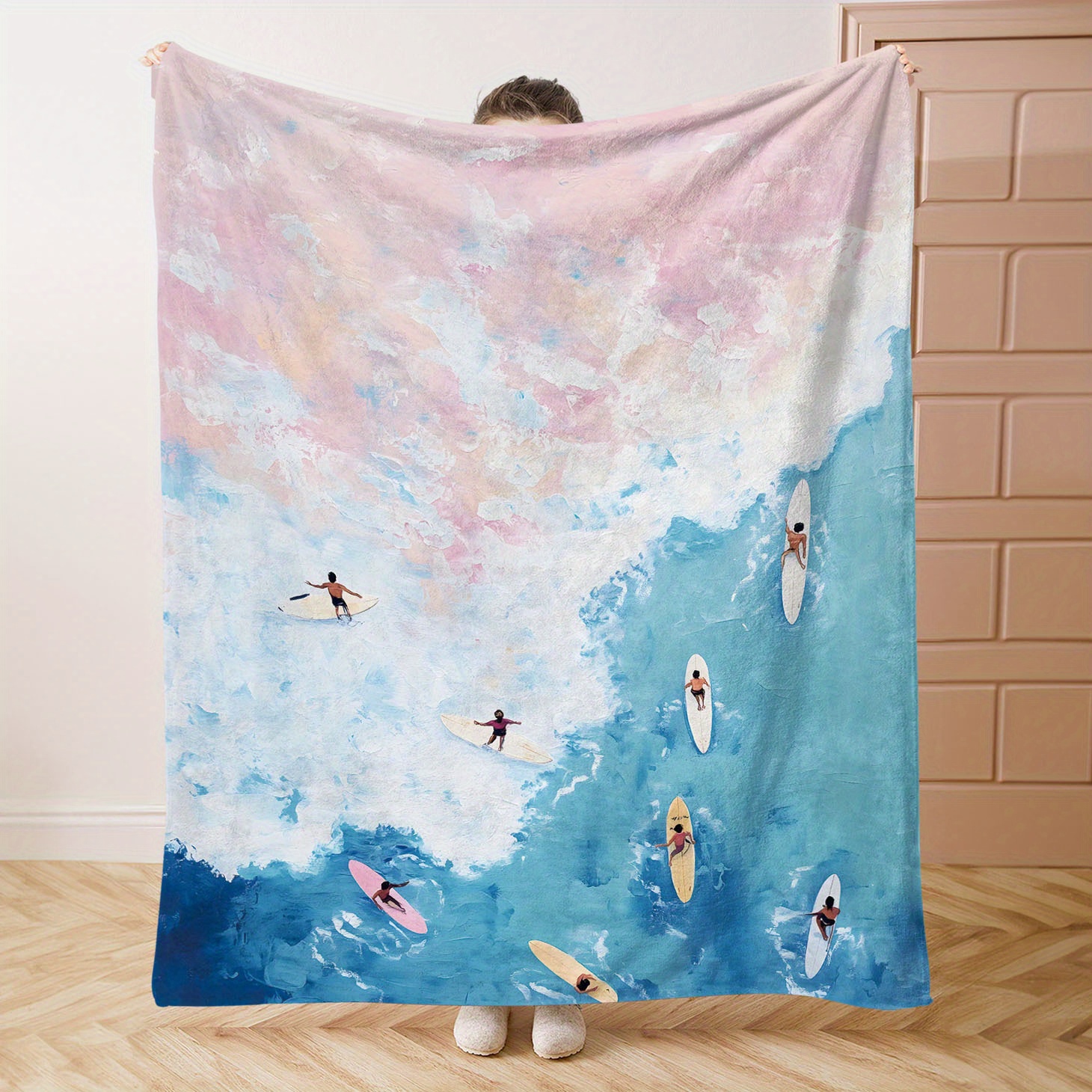 

Polyester Flannel Throw Blanket With And Waves Illustration - Soft Digital Print Surfing Themed Cover For Bed, Sofa, Office, Camping - Mid Century Style All-season Comfort