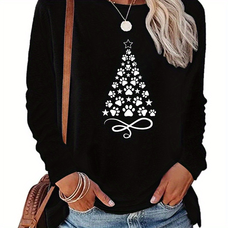 

Women's Long Sleeve Crew Neck Christmas Tree Paw Print Casual T-shirt | 95% Polyester, 5% Elastane Knit Fabric | All-season Comfort Fit Top