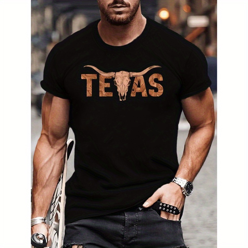 

Plus Size Men's Summer T-shirt, Longhorn Texas Short Sleeve Tees, Trendy Casual Tops For , Big & Tall, Plus Size