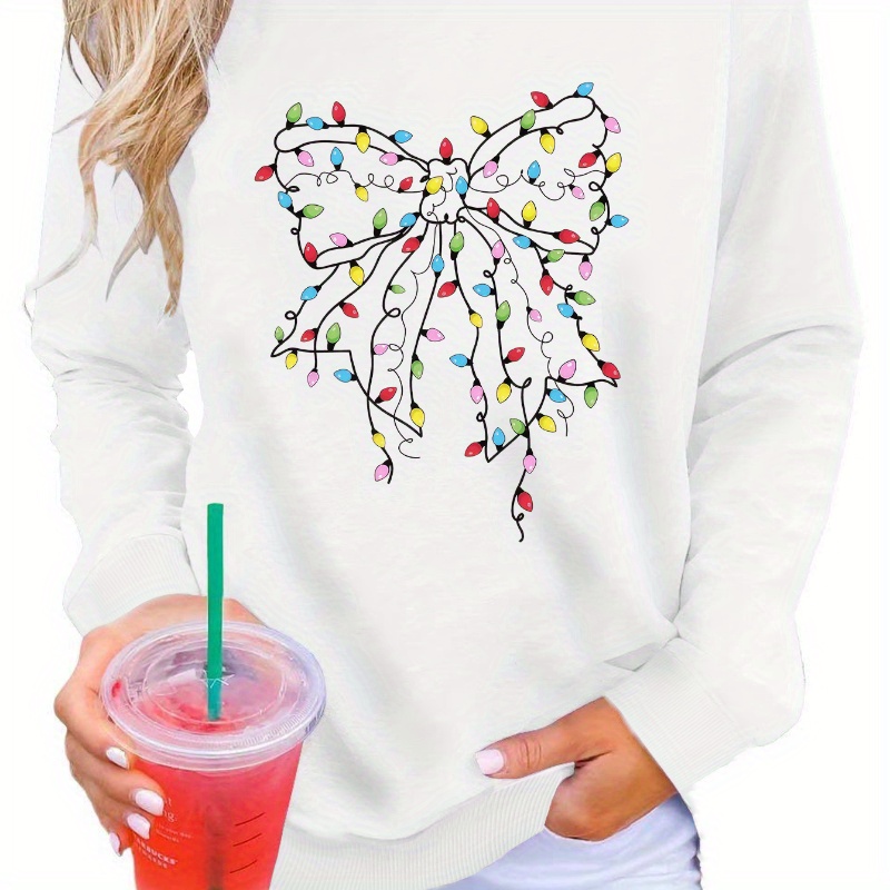 

Christmas Bow Print Sweatshirt, Crew Neck Casual Sweatshirt For Fall & Spring, Women's Clothing