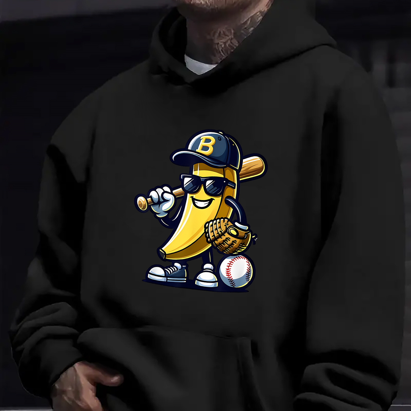 

Fashionable Cartoon Banana Baseball Player Print Hoodie For Men - Casual Loose Fit Polyester Hooded Sweatshirt With Pocket, Knit Fabric, All-season Comfort