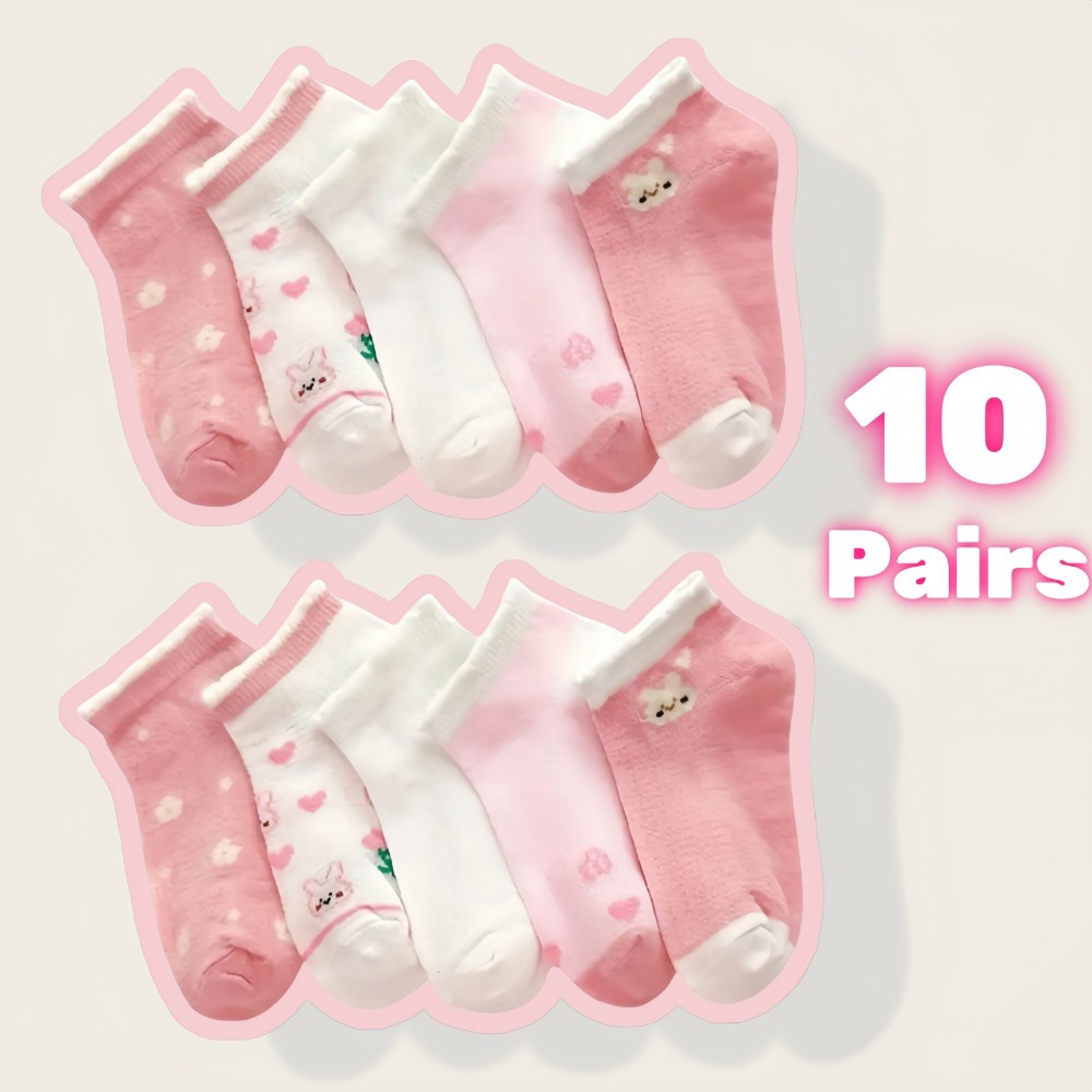 Image of Rabbit Flower Pattern 10 Pairs Girl's Short Socks, Breathable Comfy Casual Socks All-match Fashion,fall And Winter Clothes