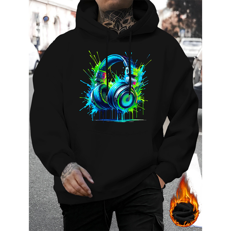 

Men' Headphone Print Hoodie - Casual Drawstring Pullover With Kangaroo Pocket, Comfortable Polyester For Fall/winter