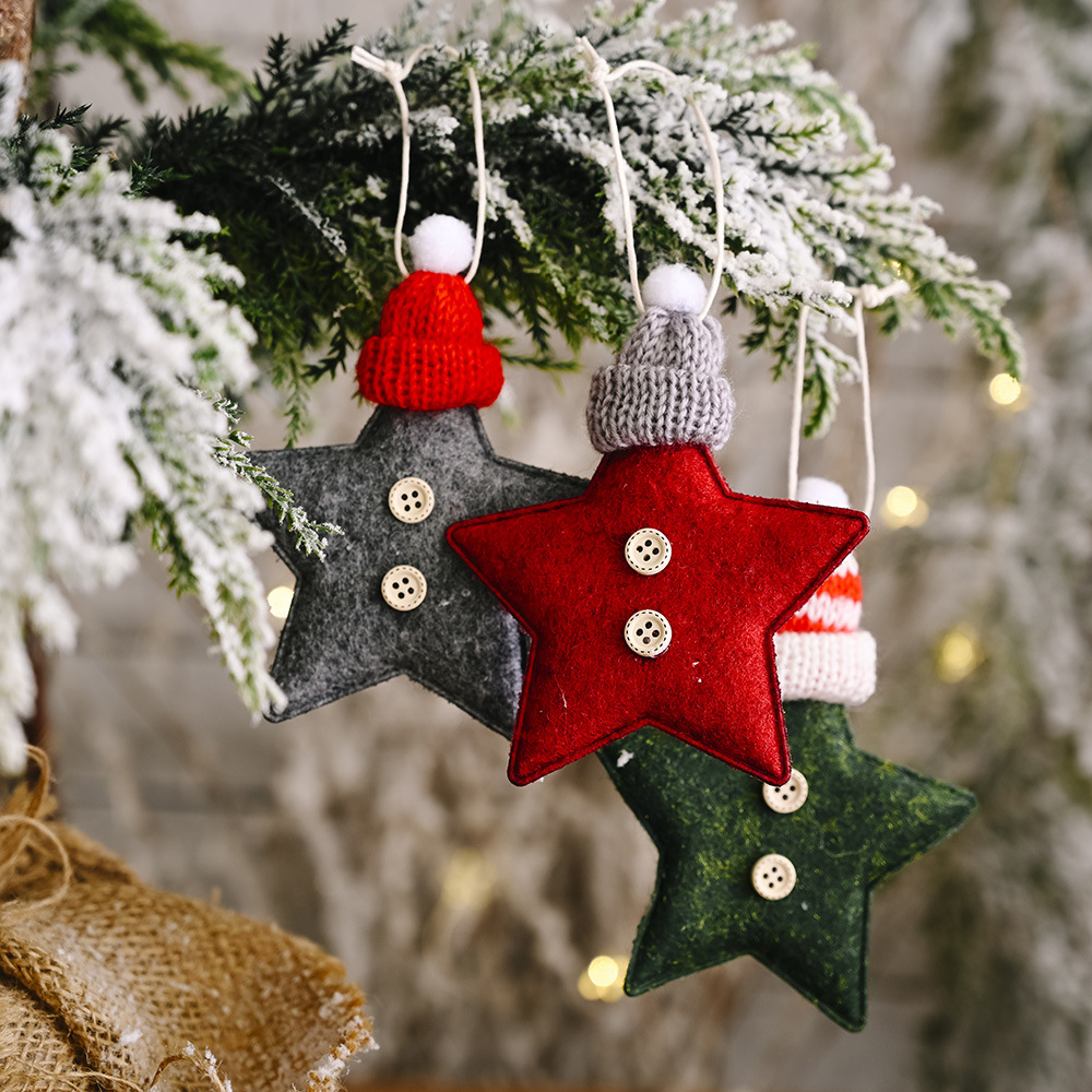 3pcs Christmas And New Year Small Tree Hanging Ornaments, Hat And Five-pointed Star Creative New Small Tree Hanging Decorations