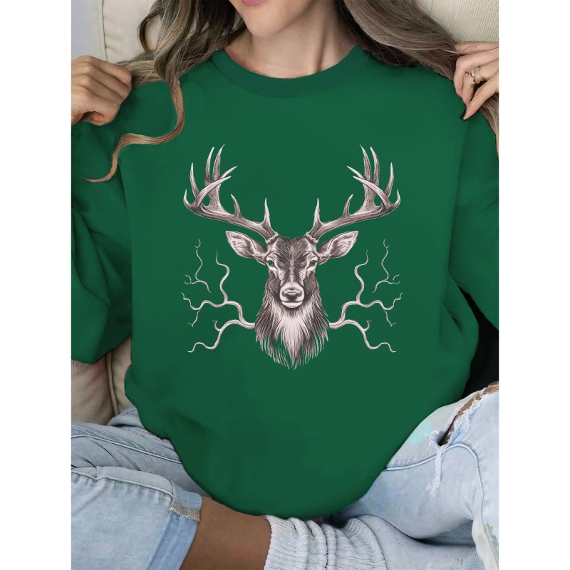 

Women's Casual Crew Neck Sweatshirt With Deer Antlers Print - Polyester, Machine Washable - Perfect For Fall & Spring