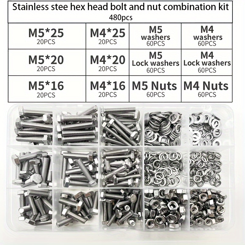 TEMU 480pcs Stainless Steel Hex Head Bolt And Nut Set, M4 M5 Hex Nuts With Washers, Full Thread Kit For Industrial And Scientific Applications