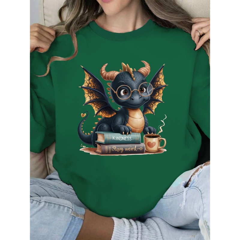

Cute Dragon With Glasses Graphic Sweatshirt - Casual Polyester Crew Neck Hoodie For Women, Geometric Pattern, Knit Fabric, Fall/winter Collection