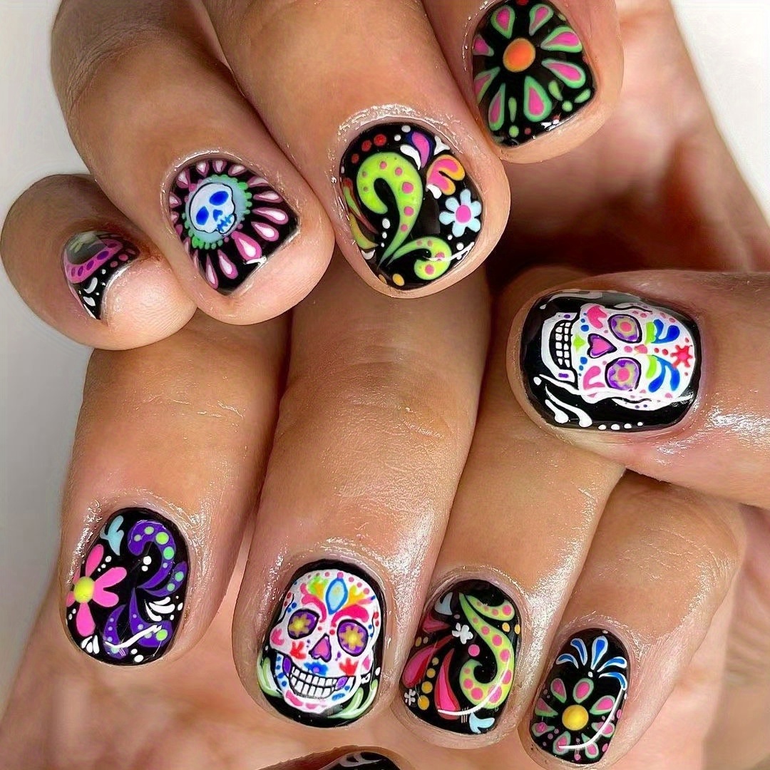 

24-piece Day Of The Dead Press-on Nails Set - Short Square Glossy Finish With Colorful Floral And Festive Patterns - Easy To Apply Removable Manicure Kit