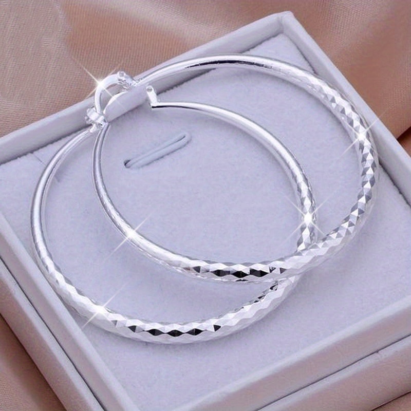 TEMU Elegant 925 Sterling Silvery Plated Double Hoop Earrings For Women - 5cm Bohemian Style, Weddings & Casual Attire