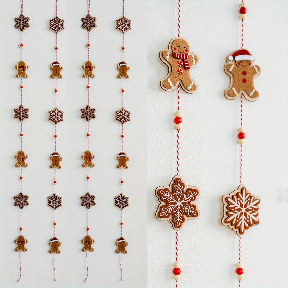 

Rustic Wooden Gingerbread & Felt Garland, Christmas Tree Hanging String With Beads, Window Scene Decor, No Power Needed, Artificial Wood & Felt Material