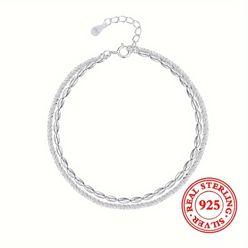 TEMU Bracelet de perles en argent sterling S925, bracelet de perles vintage à double couche de perles de riz de gypsophile de luxe 3,6G/0,127Oz