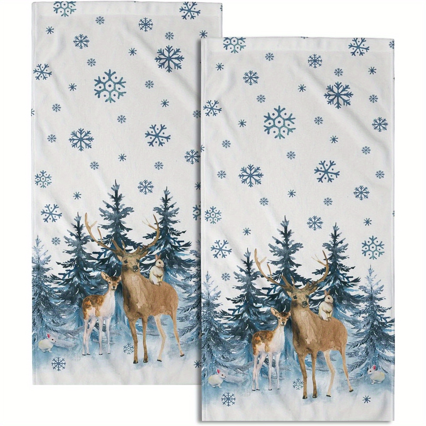 

2pcs Blue Hand Towel Snow Reindeer Kitchen Towel Dish Towel Bathroom Finger Decoration Towel Winter Christmas Holiday 18*26inch