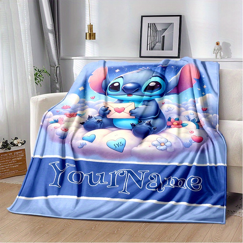 

Custom Name Stitch Anime Flannel Blanket - Personalized Digital Print Soft Warm Bed Sofa Throw - Vintage Style Polyester Knit All-season Bedspread With Stitch Design For Picnic, Christmas, Gifts