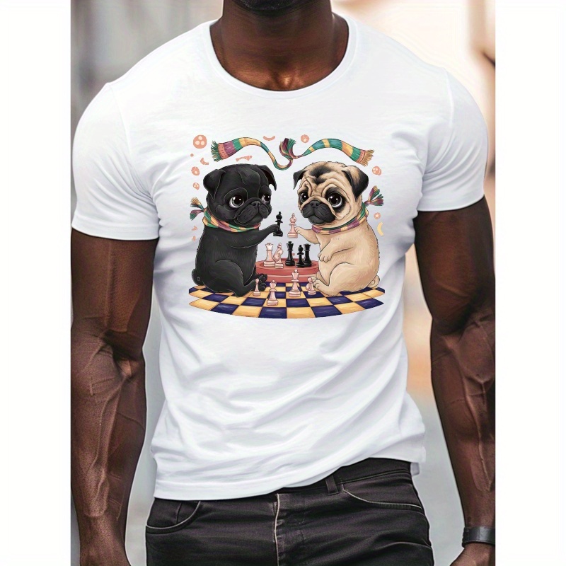 

Plus Size Men's Summer T-shirt, Kawaii Pugs Playing Chess Graphic Print Short Sleeve Tees Trend Casual Tops For Daily Life, Big & Tall Guys