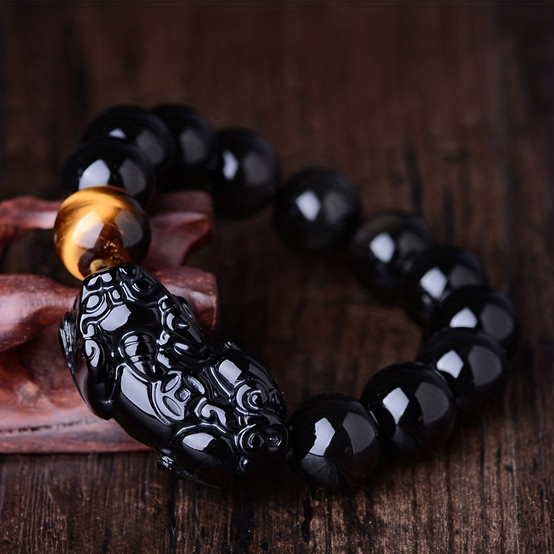 

1pc Black Obsidian Wealth Bracelet - Neutral Feng Shui Pixiu Pendant - Elastic Elastic Bracelet With Tiger's Eye Stone - , Good Luck And Abundance - Mysterious Style For Everyday Wear