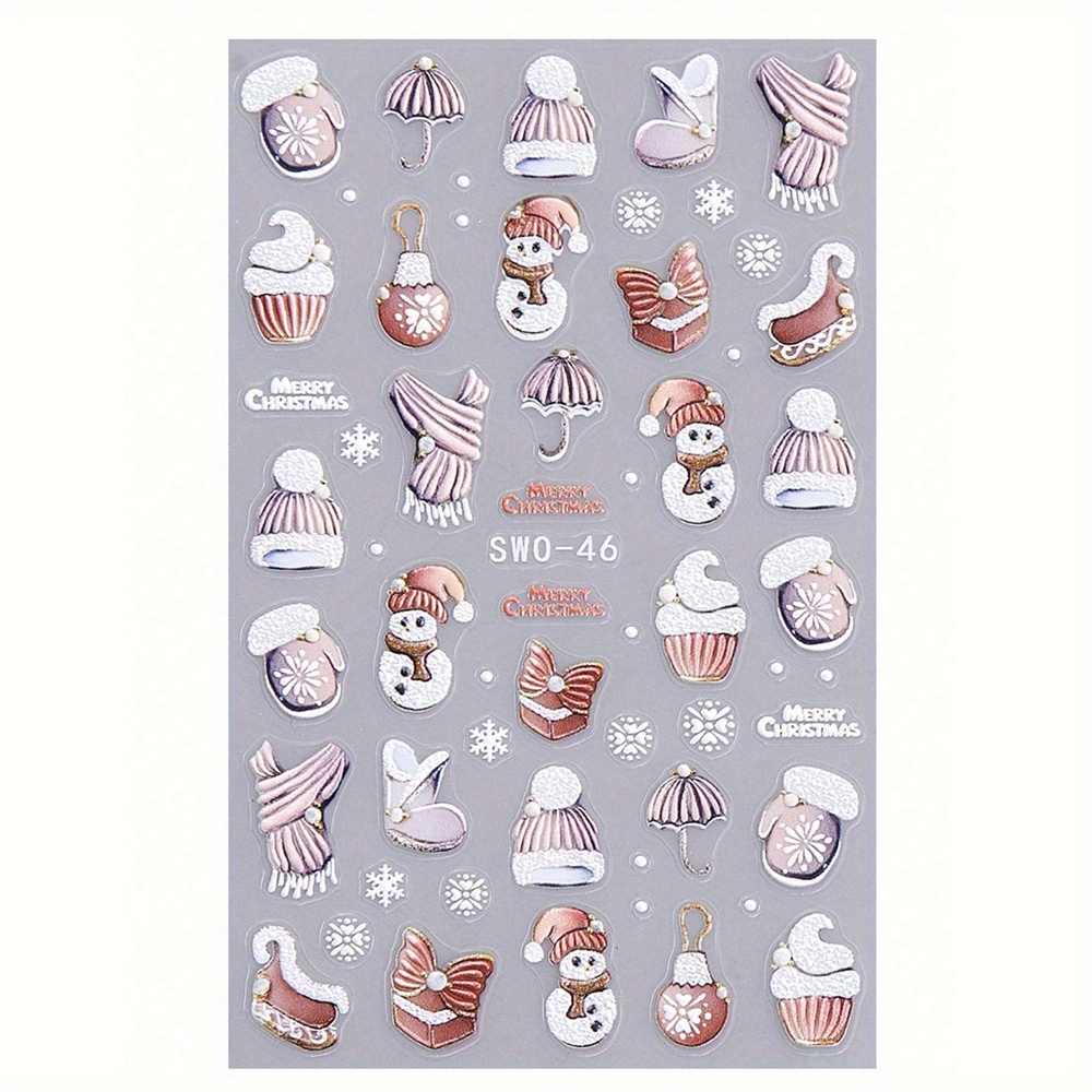 1pc 5d Christmas-themed Nail Stickers Featuring Designs Like Santa Claus, Christmas Trees, Lights, Snowflakes, Snowmen, Scarves, Gloves, Ice Cream, Stars, And Deer For Winter Nail Art