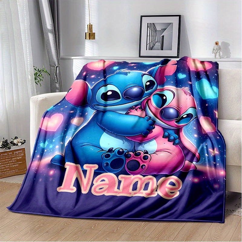 

Personalized Stitch And Anime Flannel Throw Blanket, Customizable Name, Soft And Breathable Polyester, Digital Print Cozy Bedspread For All Seasons, Vintage Style Decorative Picnic Blanket