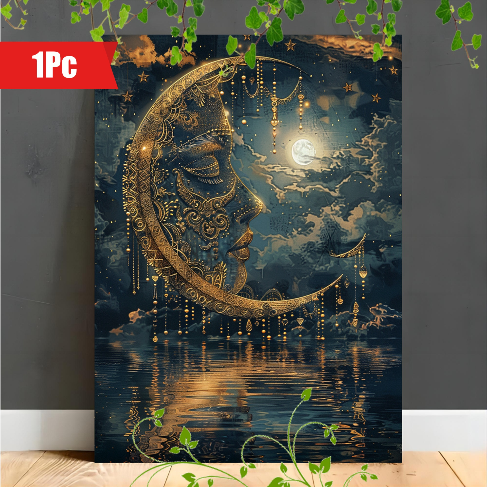 

1pc Exquisite Ornate Wooden Framed Canvas Painting- Vibrant Night Sky Artwork With Intricate Patterns, Stars, And Reflection On Water- Ideal For Office Corridor And Home Living Room Decoration