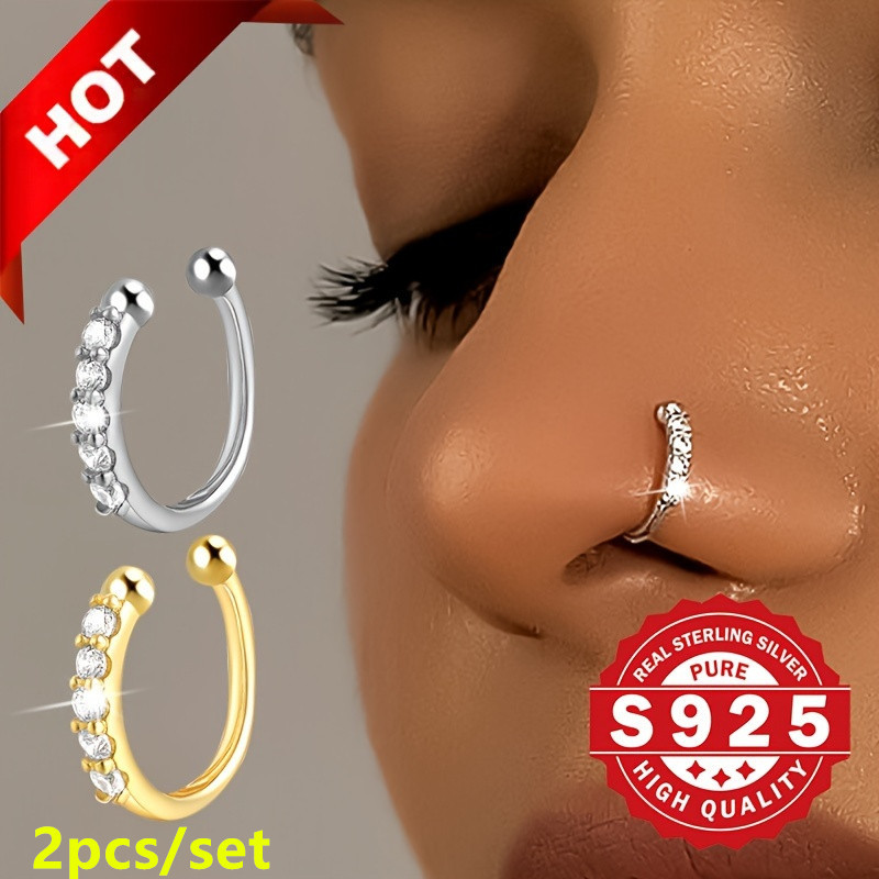 

2pcs Bohemian Faux Nose Ring, 925 Sterling Silver With Cubic Zirconia No Piercing Needed, Fashion Hip Hop Accessory