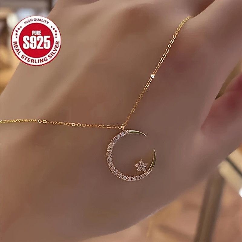 TEMU 925 Sterling And Moon Exquisite Ramadan Pendant Necklace, Simple, Elegant And Cute. Wear Collarbone Chain Jewelry
